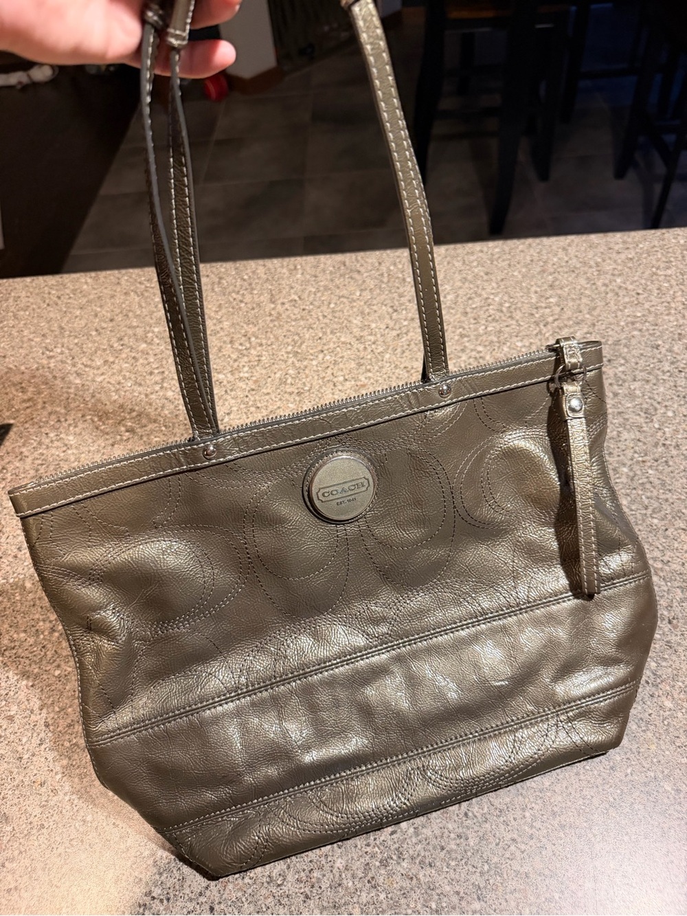 Coach Metallic Olive Green Grey Leather Tote with Signature Embossing -y2k